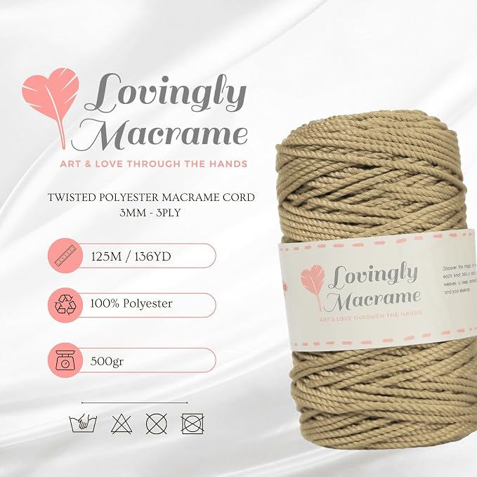 Polyester Macrame Cord - Durable 3mm Polyester Cord for Crocheting Bags, Macrame Yarn for Crafts, Dreamcatchers, Handmade Indoor & Outdoor Boho Decor - 446ft (136yds) - Cappuccino - Image 3