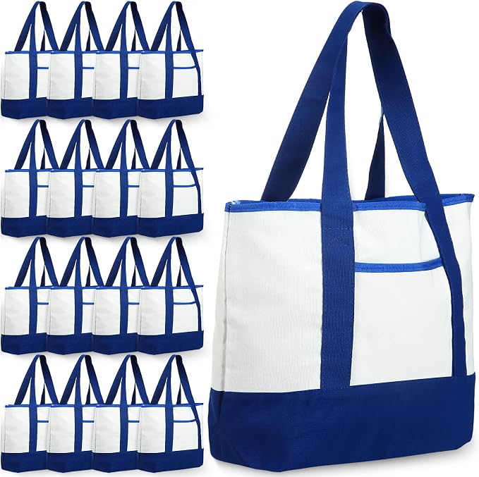 Reginary 16 Pcs Women Canvas Tote Bag 18 Inch Reusable DIY Bag,Blue White | Reusable Shopping Grocery Tote, Thick Washable, Blank Bags Bulk for Holiday Party Favors DIY by Reginary