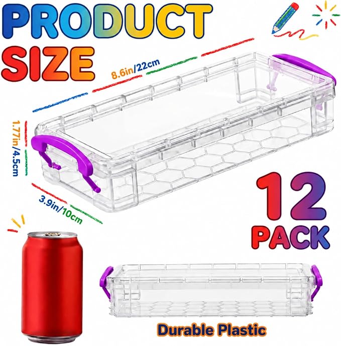 Zonon 12 Pcs Large Capacity Pencil Box Bulk Plastic Clear Pencil Case Crayon Marker Organizer Stackable Storage Containers for Art Craft Pen Back to School Teacher Supplies (Purple) - Image 2