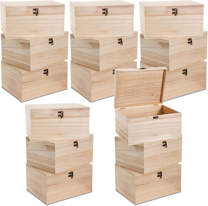 Yookeer 15 Pcs Large Unfinished Wooden Box with Hinged Lid and Front Clasp, Rectangle Unpainted Crafts DIY Wood Boxes Treasure Chest Stash Box for Art Gifts Jewelry Home Storage, 10.6x8.1x5.7 Inch by Yookeer