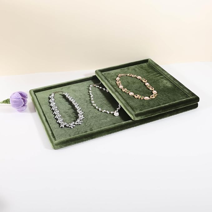 Rectangle Jewelry storage organizer plate, Velvet Jewerly display tray, Empty showcase tray for Necklace Bracelet Ring Earring【Light Green-Large, 17.7 x 11.8 in 】 - Image 3