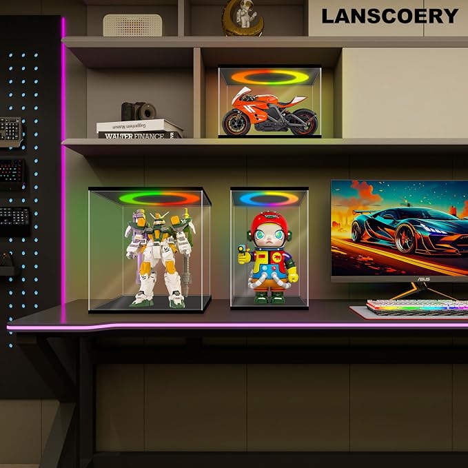 LANSCOERY Acrylic Display Case 17.7x17.7x17.7 in, 10mm Base, RGB Ring Light, 3mm Clear Panels, Front Door for Action Figures and Models - Image 2
