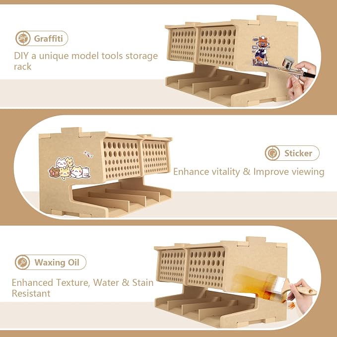 Wooden Model Kit Tool Storage Rack with 100 Holes, Brush/Paint Organizer with MDF Material, Craft Supplies Storage, Brush/Tool Holder, Suitable for Tamiya/Gundam Tools, GK6 - Image 4