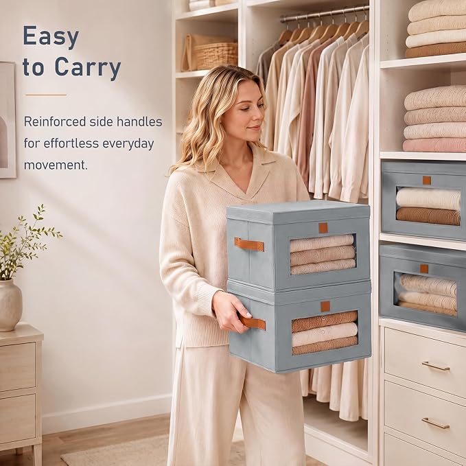 DIMJ Storage Bins with Lids - 5 Pack Front Opening Stackable Fabric Storage Boxes with Clear Window & Handles, Collapsible Closet Organizers for Clothes, Sweaters, Shelf Storage, Bedroom, Gray - Image 5