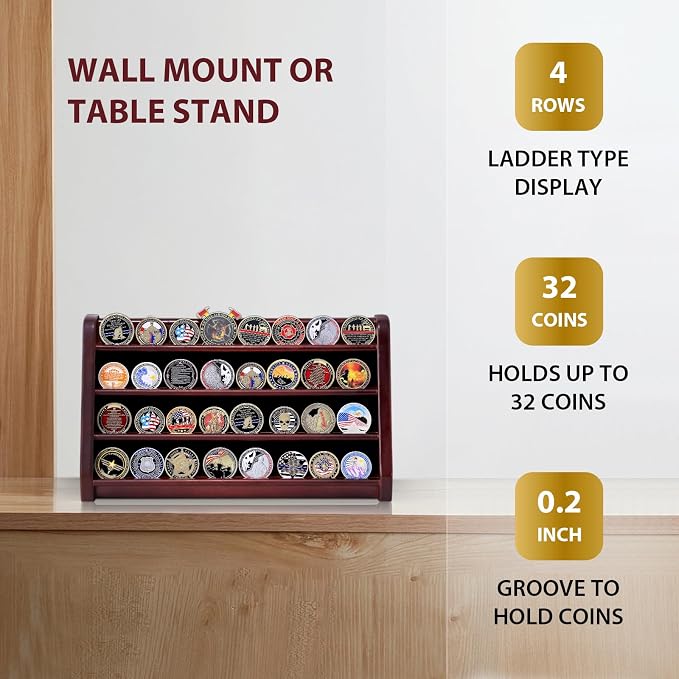 Challenge Coin Display Case, 4 Row Solid Wood Military Coin Holder Rack Stand Holds 30 Coins for Desk or Wall Mount, Coin Holders for Collectors (Mahogany Finish) - Image 3