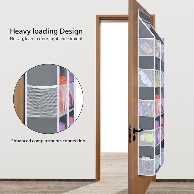 Univivi 6 Tiers Hanging Yarn Storage Organizer, Large Yarn Organizer, Grey | Large Capacity, High Load-Bearing Capacity, 12 Deep Clear Pockets, Over Door Yarn Holder for Crochet Hooks, Knitting Needles - Image 2