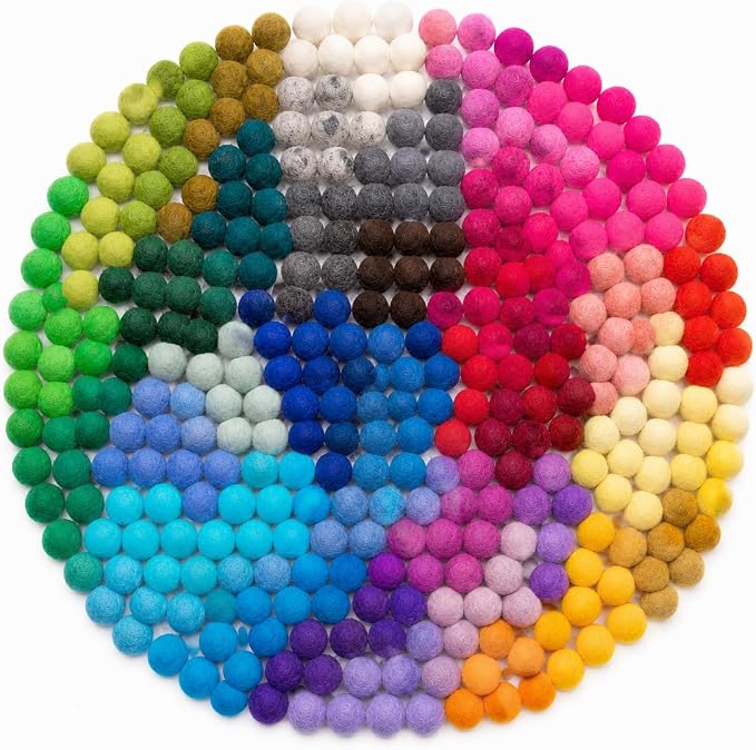 Glaciart One Felt Pom Poms, Wool Felt Balls (400 Pieces) 2 cm – 0.8 Inch, Handmade Felted 30 Color (Red, Pink, Blue, Yellow, Black, White, Pastel and More) Bulk Small Puff for Felting and Garland by GlaciartOne