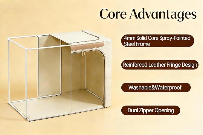 Clothes Storage Bins with Metal Frame&Leather Fringe&Clear Window, Washable Oxford Fabric Bins, , Stackable foldable Closet Organizers Sweater Comforter Storage(3 pcs,Beige,66L) (Double Styles) - Image 4