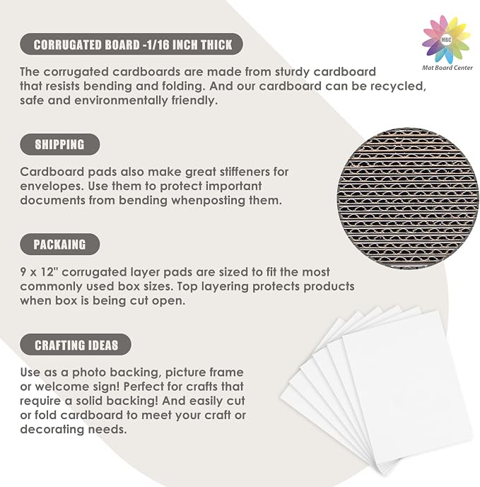 Mat Board Center, 9x12 Inch Corrugated Cardboard Sheets 50 Pack | Flat Cardboard Inserts for Mailing, Packaging & Shipping, Cardboard Backing, Craft Card Board (White on one side) - Image 7