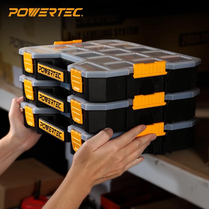 POWERTEC Stackable Tool Box Organizer with Removable Dividers - 17 Compartments, Interlocking, Portable Design, 2-Pack (72118-P2) - Image 7