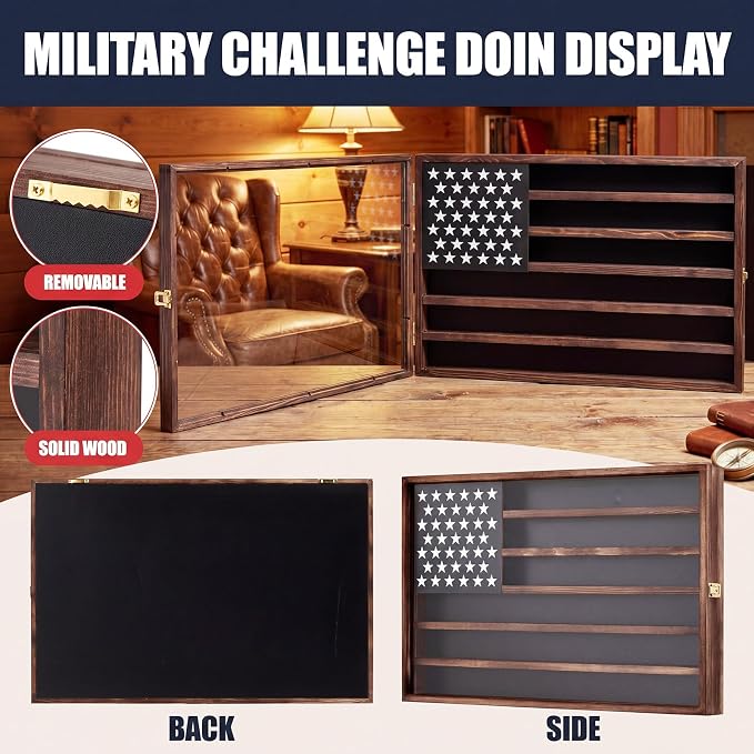 Cinnvoice Large Challenge Coin Display Case, 27.6" L x 18.1" W Military Coin Holder Cabinet with Lockable Wall Mount Design, Wooden Shadow Box with Clear Acrylic Door for Collection Display(Wood) - Image 4