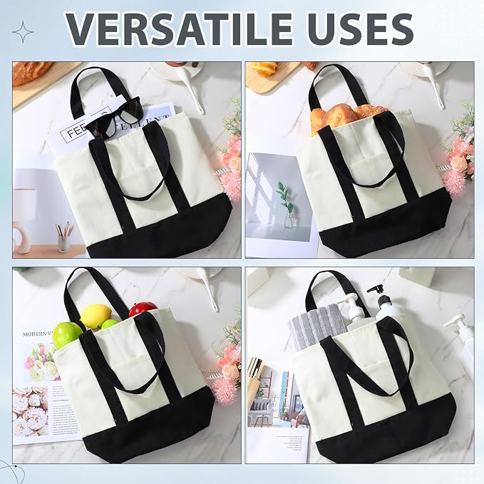 Sanwuta 12 Pcs Mini Canvas Tote Bags Bulk with Pocket Small Sublimation Blank Canvas Tote Reusable Grocery Bag for Women, DIY Craft (Black) - Image 4