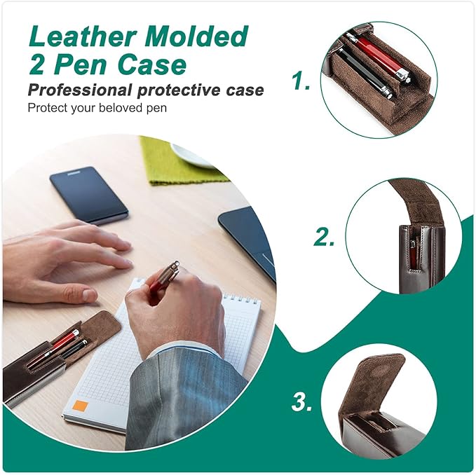 Top Grain Genuine Leather 2 Pen/Pencil Tray Case Holder, Minimalist Fashion Design, Handmade, Magnetic Closing with Drawer Design, Gift Choice for Man/Woman/Office, Glossy Green, 2 Slots - Image 8