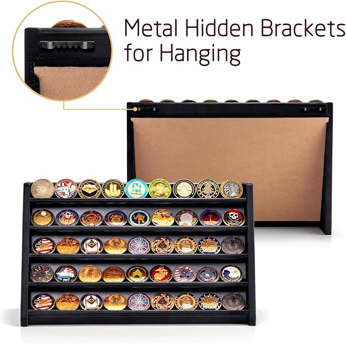 5 Row Challenge Coin Display Stand, Wood Military Army Coins Rack for Wall or Desk Display, Coin Storage Holder Case for Coin Collection, Black - Image 3