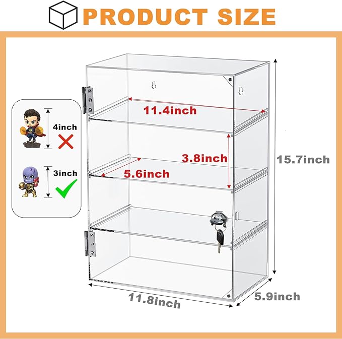 Acrylic Display Case with Lock Key 4 Tier Clear Display Case Locking Cabinet for Collectibles Figure Knife Rock Perfume Countertop Retail Showcase Display Box Wall Mount with Shelves 11.8x5.9x15.7 in