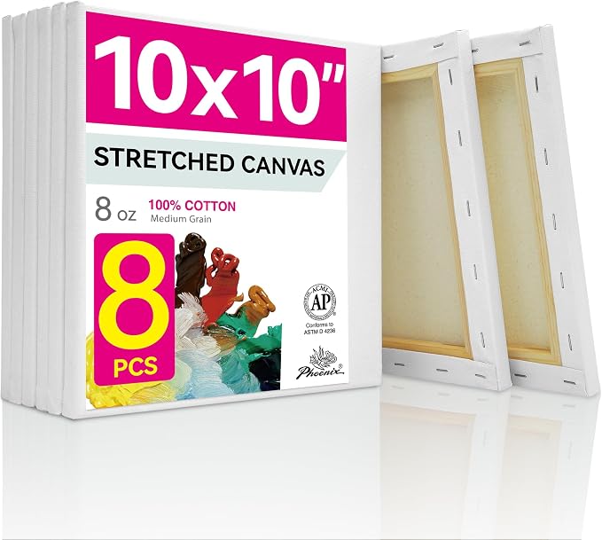 PHOENIX Square Canvas for Painting - 10x10 Inch/8 Value Pack, 8 Oz Triple Primed 5/8 Inch Profile 100% Cotton White Blank Canvas, Stretched Framed Canvas for Oil Acrylic by PHOENIX
