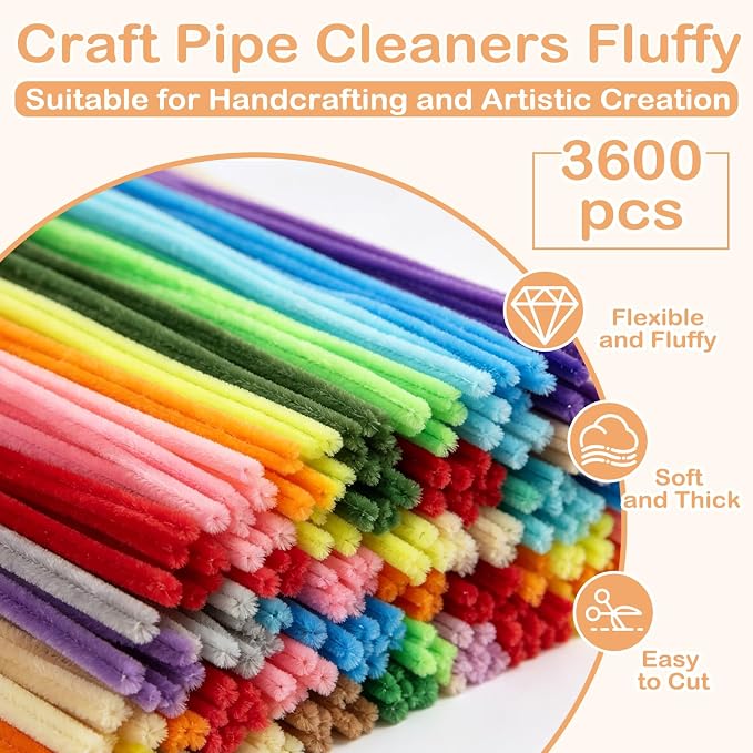 3600 Pcs Pipe Cleaners Craft Bulk Multi-Color Chenille Stems Art Supplies with 50 Flower Stems 5 Tape 10 Glue and 4 Stamens for DIY Arts and Crafts Projects Flowers Decorations (36 Colors) - Image 5