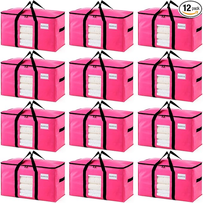 TAILI 12 Pack Pink Extra Large Moving Bags,Storage Bags with Visible Window | 93L Heavy Duty Totes For Home Storage,Wrap Around Handles,Alternative to Moving Boxes, College Dorm,Perfect for Moving by TAILI