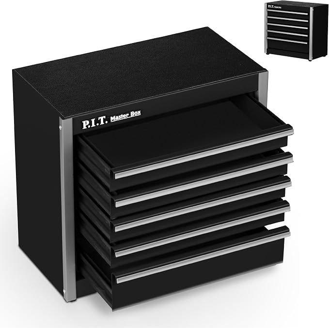 P.I.T. Mini Tool Box,Small Metal Toolbox Organizer with 5 Drawers,Black | 8.6"W X 4.6"D Cute Size,Q235 Steel,Magnetic Locking Mechanism,PVC Drawer Liners - Image 9