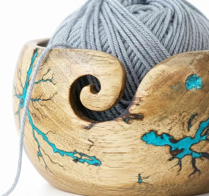 Lichtenberg Figure Yarn Bowl - Handmade Wooden Yarn Bowl for Knitting Yarn Ball Holder - Yarn Bowls with Holes Crochet Bowl Holder - Yarn Storage Bowl 7" x 4" inches (SB-Yarn Bowl) - Image 6