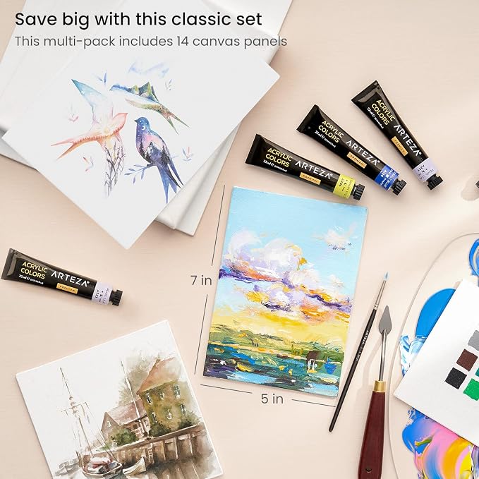 ARTEZA Canvas Boards for Painting, 5 x 7 Inches, Pack of 14, Blank White Small Canvas Panels for Acrylic, Oil and Gouache Painting - Image 3