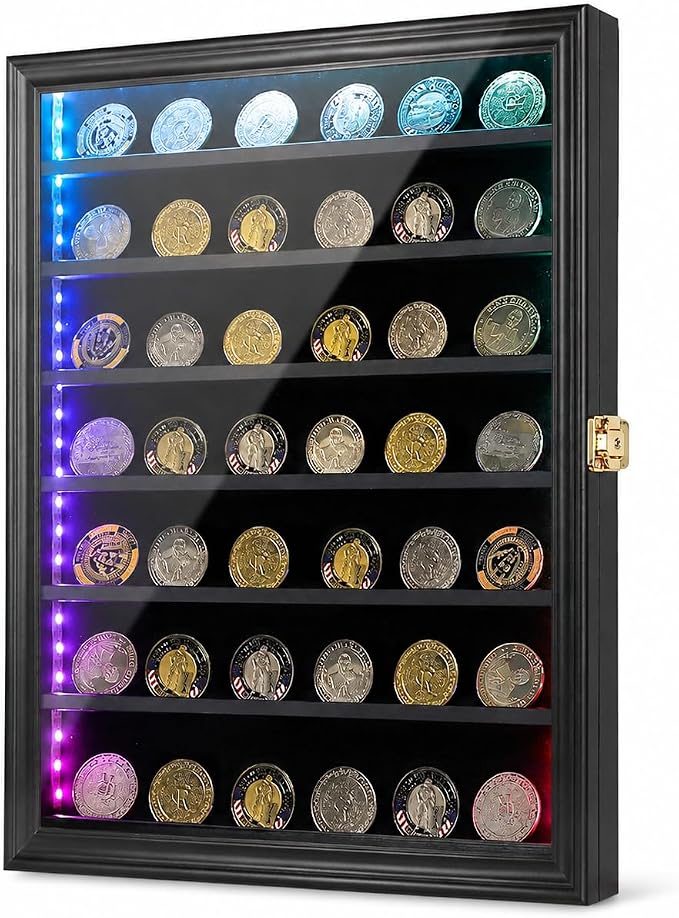 LED Military Challenge Coin Display Case - Lockable Cabinet Rack Holder Shadow Box with Removable 2 Grooves Shelves and Acrylic for Casino Poker Chips Collectibles, Large - Black with LED by Jinchuan