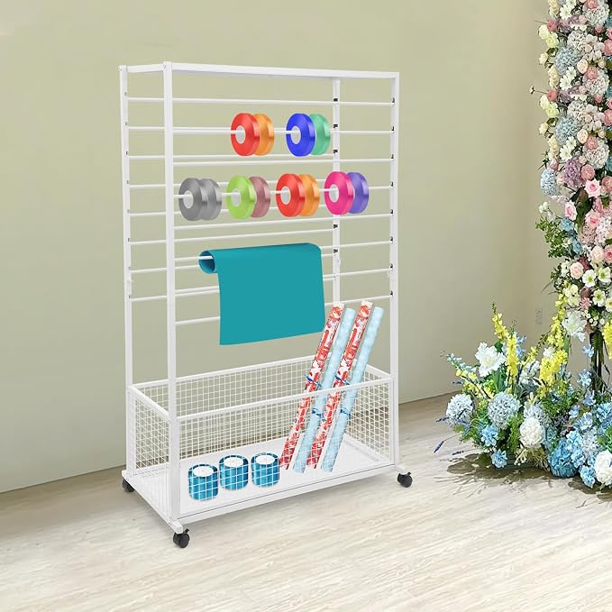 Ribbon Holder Organizer Rack, 16-Layer Ribbon Holder with Wheels | Double-Sided 16-Layer Ribbon Holder with Wheels, Wrapping Paper Ribbon Display Rack Storage Shelf for Craft Room by Venionwa