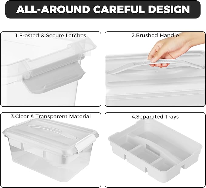 CraftGenes 20 QT Clear Craft Box Organizer with Removable Tray, 1-Pack | White latching lid, four-compartment tray, carry handle, craft storage for art supplies, modeling clay, sewing and puzzles - Image 5