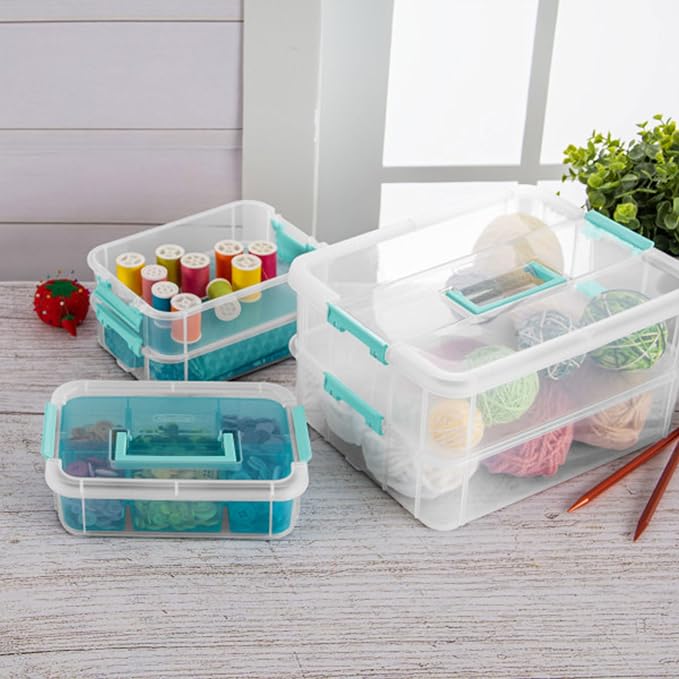 Sterilite 18 Pack Plastic Storage Box Container, 3 Layer, Stack and Carry, Clear/Blue - Image 5