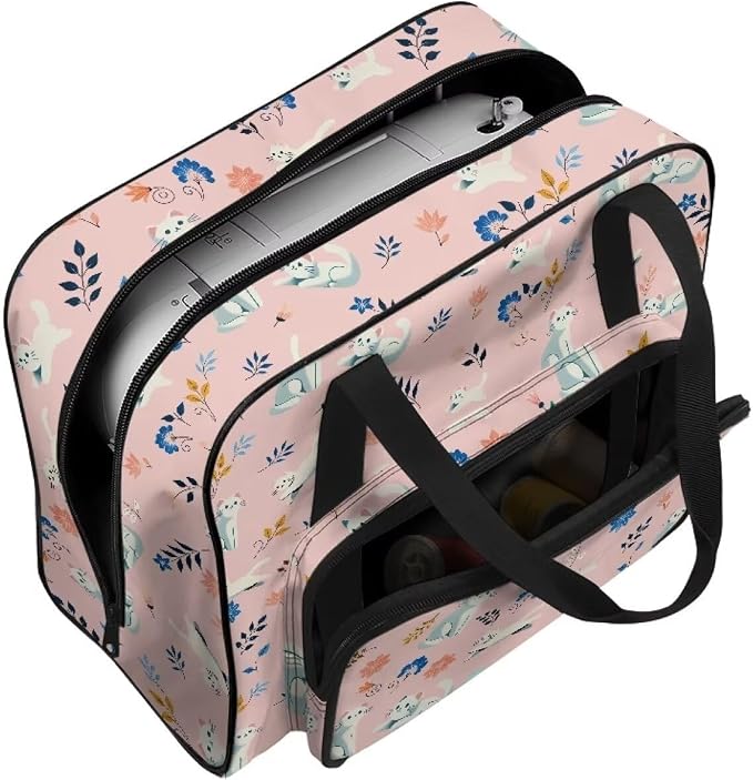 Sewing Machine Dust Bag Portable Carrying Case Portable Carrying Case Versatile Travel Tote Bag Universal Large Capacity Sewing Machine Storage Case, White Cat Flower Leaf Pink - Image 7