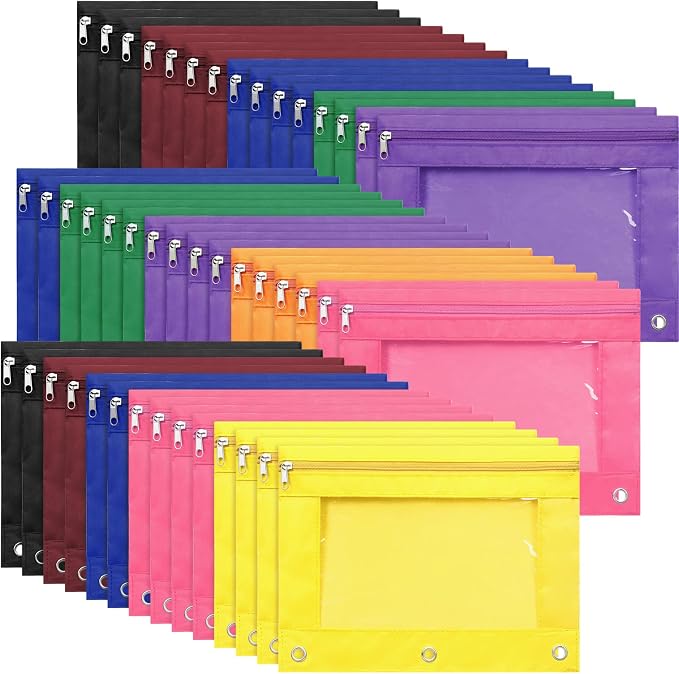 Leinuosen 64 Pack Pencil Pouch Bulk for 3 Ring Binder, Pencil Case with Zipper and Clear Window 8 Assorted Color Storage Bag for Office, Back to School Classroom Supplies by Leinuosen