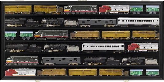 HO Scale Model Train Display Case Rack Wall Cabinet Wall Shelves Compatible with Hot Small Car Wheels 1:64 ad 1:43 Scale Toy Cars w/98% UV Protection- Lockable (Black Finish)