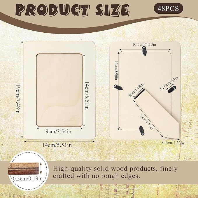 ZYNERY 48 Pcs Wooden Picture Frames for Crafts,DIY Unfinished Solid Wood Bulk Photo Picture Frames for 4" x 6" Photos with Standing Support,Memorial Gift Desk Decor - Image 6