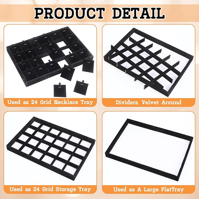 2 Pcs 24 Grid Stackable Jewelry Organizer Tray with Removable Dividers Ice Velvet Jewelry Display Showcase Tray for Necklace Earring Ring Bracelet Holder (Black Velvet) - Image 6