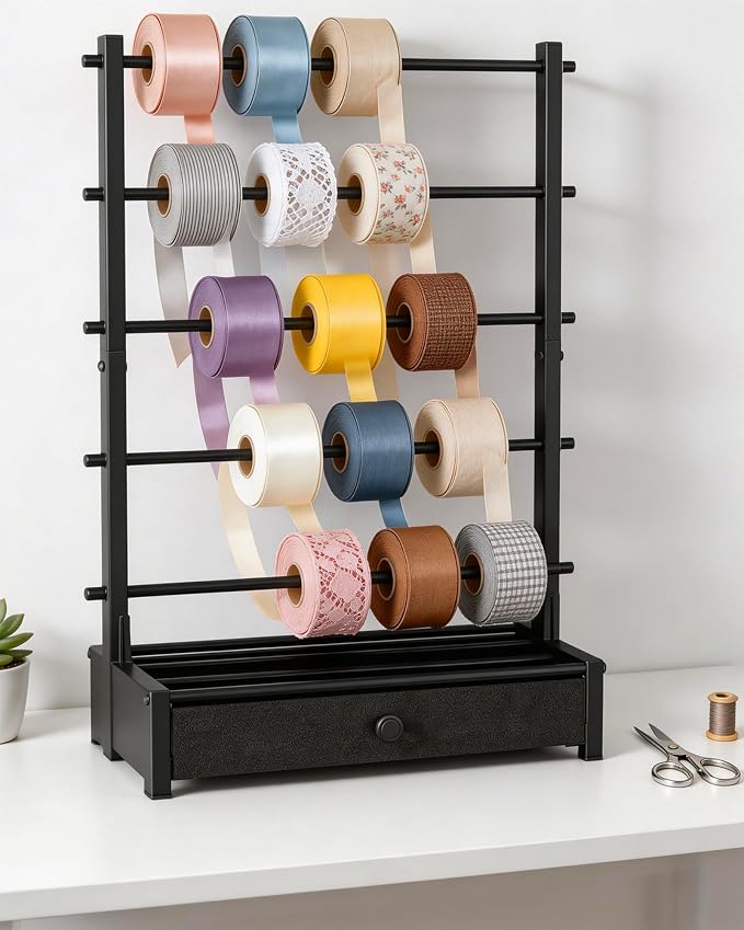 Ribbon Organizer with Fabric Drawer, Adjustable 5-Tier Ribbon Holder, Large Capacity Stable Ribbon Storage Rack for Craft Room, Gift Wrapping & Florist Supplies - Image 8