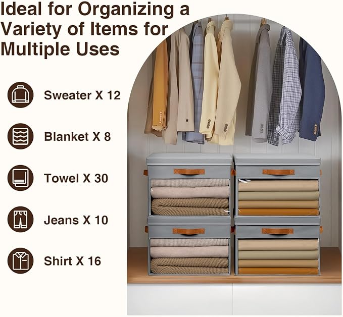 Large Storage Bins with Lids - 4 Pack Foldable Decorative Organizers with Clear Windows & Handles, Cube Storage Organizers for Clothes, Blankets, Sweaters, Sheets, Grey - Image 5