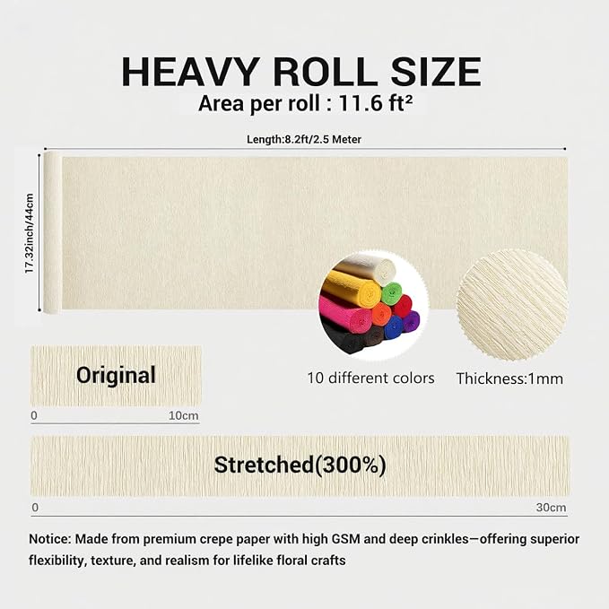 Heavy Crepe Paper for Flower Making, DIY Crafts | Italian-Quality Crepe Paper with 300% Stretch | Papel Crepe de Colores Paquete (10 Rolled, Rainbow) - Image 6