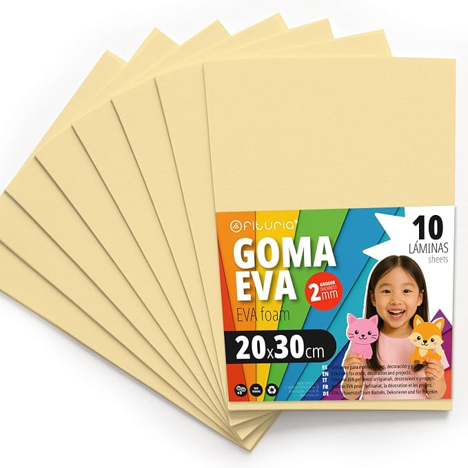 OFITURIA Foam Rubber for Crafts and School Projects, Coloured Foam Ideal for DIY, Decoration, Scrapbooking and Creative Projects 20 x 30 cm (Cream, Pack of 10) by OFITURIA