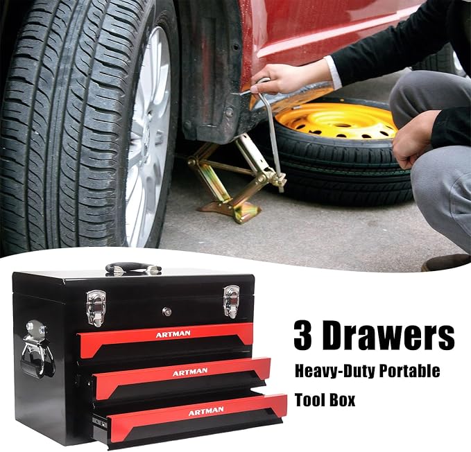 20" 3-Drawer Heavy Duty Portable Steel Tool Box, Lockable Tool Chest Organizer with Top Tray, Ball Bearing Slides, Drawer Liners, Carry Handle & Key Lock for Garage, Warehouse, Workshop - Image 4