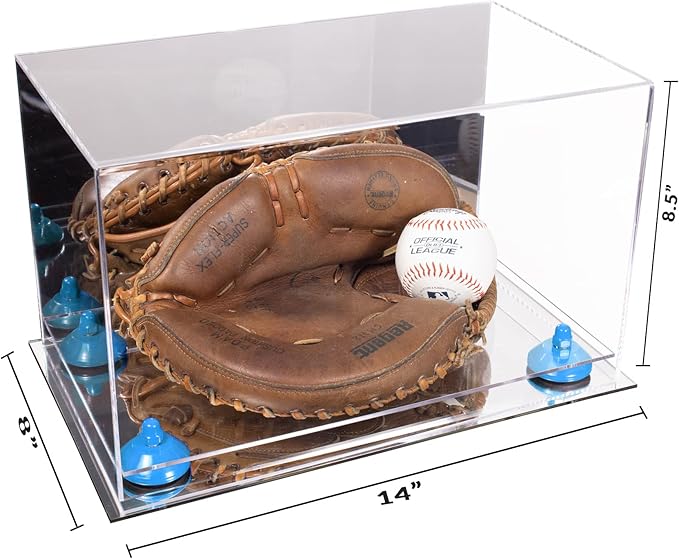 Better Display Cases Acrylic Catchers Glove Display Case with Mirror, Light Blue Risers and Mirror Base (A011/V16)