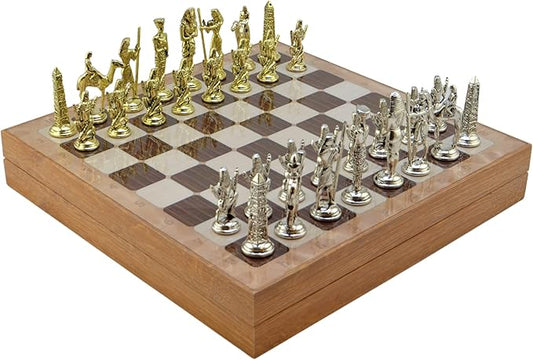 Metal Chess Set for Adults Egypt Pharaoh Figures,Handmade Pieces and Different Design Wooden Chess Board with Storage (Rustic)