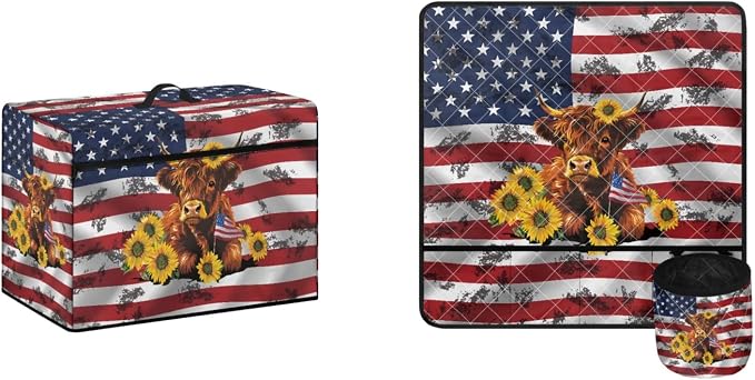 Cow American Flag Sewing Machine Dust Cover & Mat with Pockets for Sewing Accessories Muffling Mat Reduce Vibration Movement Home Decor by Kathyboom