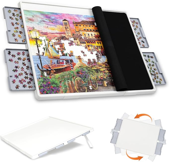 WELGEE 1500 Pieces 2-in-1 Tilting & Rotating Puzzle Board with Drawers and Cover, 35"x27" Portable Spinning Plastic Jigsaw Puzzle Table for Adults, Upgraded Lazy Susan by WELGEE