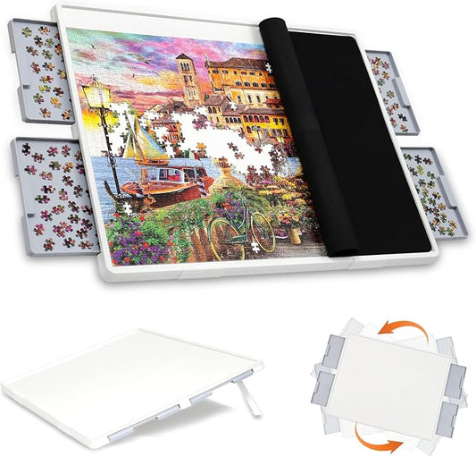 WELGEE 1500 Pieces 2-in-1 Tilting & Rotating Puzzle Board with Drawers and Cover, 35"x27" Portable Spinning Plastic Jigsaw Puzzle Table for Adults, Upgraded Lazy Susan by WELGEE