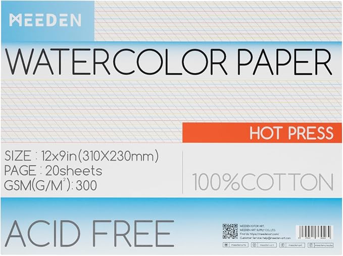 MEEDEN Cotton Watercolor Paper Block: 9" x 12" Hot Pressed of 20 Sheets | 140lb/300gsm 100% Cotton Watercolor Paper Pad, Acid-free Art Paper for Painting, Drawing, Watercolor, Gouache, Ink and More by MEEDEN