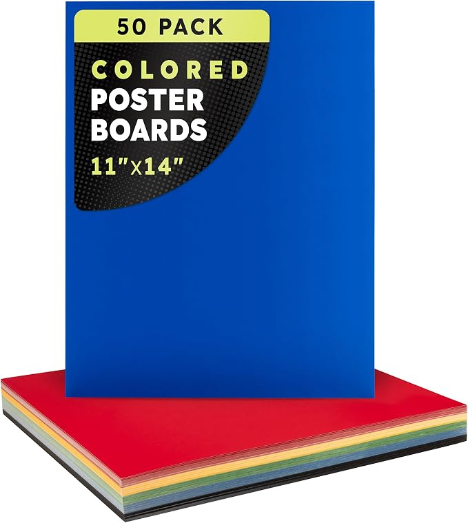 Hygloss Medium Colored Poster Board 11x14-50 Assorted Standard Color Bulk Pack - Red, Yellow, Green, Blue, Black - 10 Pt. Thickness Poster Board Paper, Posterboard Multipack 11" x 14" by HyglossProductsInc