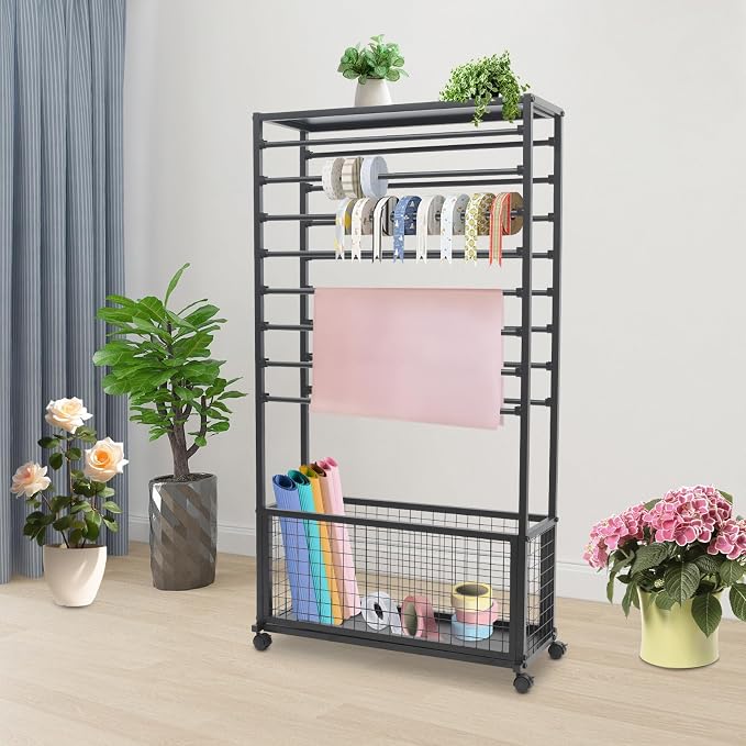 Double-Sided 16 Tier Ribbon Wrapping Paper Organizer Rack | 31.5"x12.6"x59" Large Capacity Ribbon Stand with Top Shelf, Ribbon Holder and Gift Bag Storage Organizers, Save Space (Black) - Image 4
