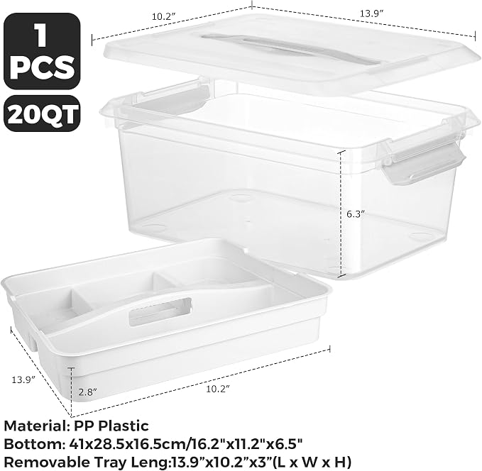 CraftGenes 20 QT Clear Craft Box Organizer with Removable Tray, 1-Pack | White latching lid, four-compartment tray, carry handle, craft storage for art supplies, modeling clay, sewing and puzzles - Image 3