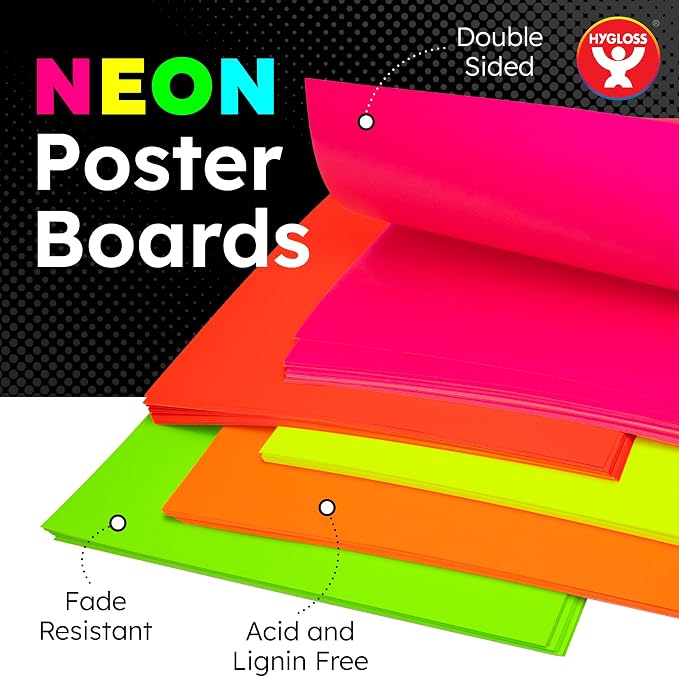 Hygloss Medium Poster Board 22x28 - 50 Assorted Neon Color Bulk Pack - 10 Pt. Thickness Colored Poster Board Paper for Projects, Signs, Displays - Posterboard Multipack 22" x 28" - Image 2