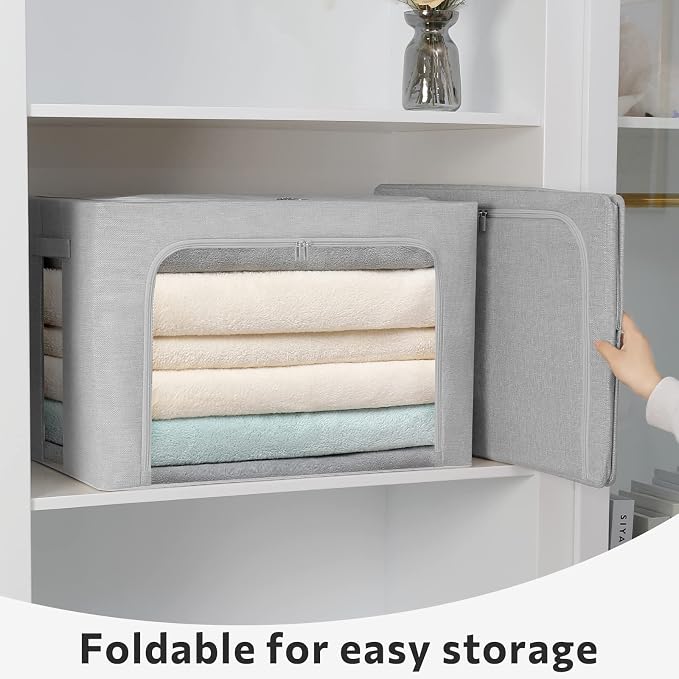 FHSQX 2 Pack Clothes Storage Bins Stackable Metal Frame Storage Box Foldable Linen Fabric Organizer with Carrying Handles and Clear Window (Light Gray, 15.7x 11.8x 7.8Inch) - Image 2
